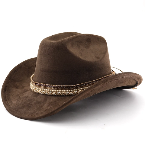 Retro Western Cowboy Hat Suede Fabric Multi Layer Beaded Artificial Pearl Band Wide Brim Ethnic Fedora For Unisex