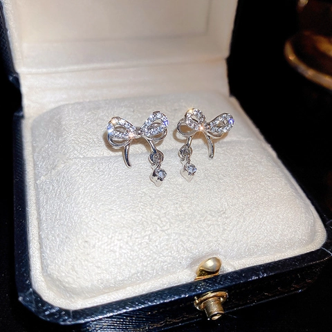 Orecchini A Lobo Con Fiocco In Strass Con Perno In Argento Lega Pendente In Zircone Scintillante Gioielli Eleganti Per Donna