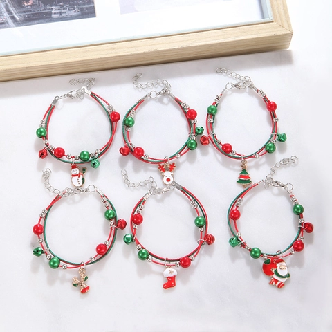 Bracelet De Noël Breloques En Alliage Émaillé Père Noël Élan Bonhomme De Neige Flocon Tressé Cordon Bijoux Réglables