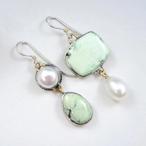 Boucles D Oreilles Pendantes Asymétriques Avec Pierre Naturelle Verte Perle D Eau Douce Et Tige En Argent Sterling 925