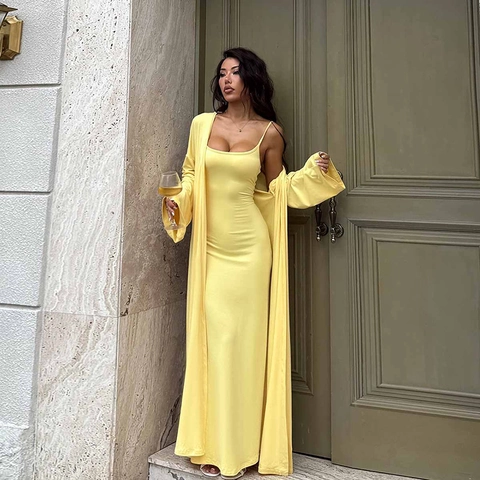 Vestido Ajustado De Punto Con Tirantes Y Cárdigan De Manga Larga Color Sólido Sexy Para Mujer Streetwear