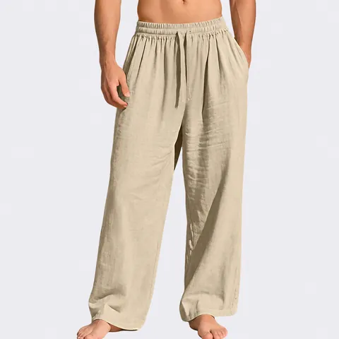 Men Casual Linen Trousers Breathable Loose Fit Straight Leg Pants With Elastic Drawstring Waist For Summer Beach Vacation