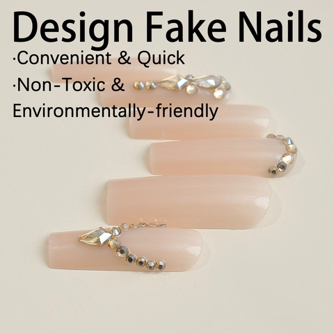 Lange Coffin Plaknagels Nude Roze Strass Gouden Vlinder Decor Elegante Kunstnagels Met Plakstrips En Vijl
