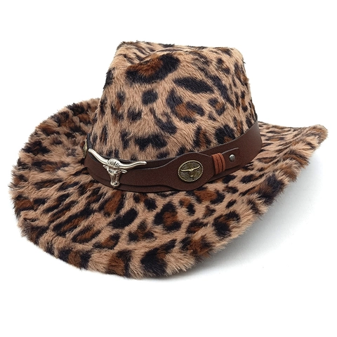 Cappello Da Cowboy Occidentale Stampa Leopardata Pelliccia Sintetica Retro Vintage Tesa Larga All Aperto Inverno Caldo Con Decoro Testa Di Toro In Metallo Unisex