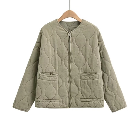 Chaqueta Acolchada Mujer Algodón Poliéster Cuello Redondo Cremallera Bolsillo Color Sólido Casual Ligero Otoño Invierno