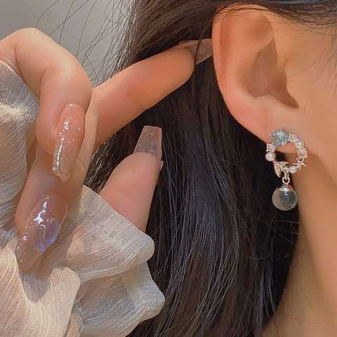 Orecchini a Coda di Pesce con Strass Blu Mermaid Bubble in Rame con Perla Artificiale Sfera di Vetro Gioielli Donna