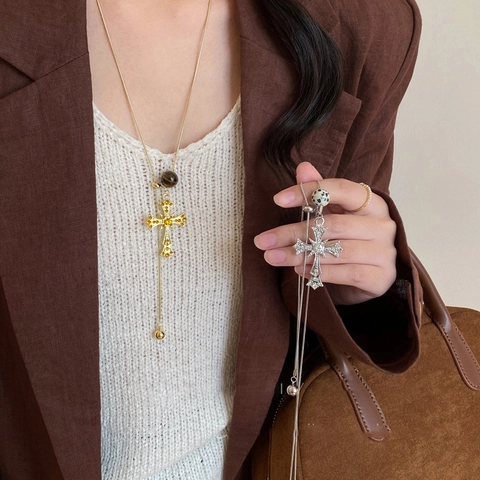 Collier Pendentif Croix Cuivre Strass Oeil De Tigre Pierre Dalmatien Rétro Long Réglable En Y Chaîne Pull Femmes