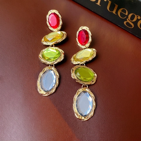Orecchini Lunghi Vintage Con Strass Colorati Gemma Ovale E Perno In Argento Gioielli Barocchi Retro Dorati
