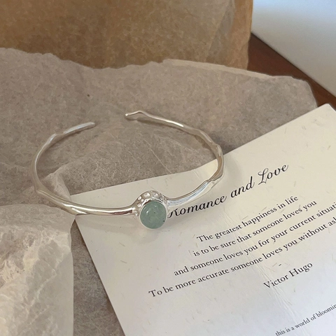 Minimalist 925 Sterling Silver Cuff Bangle Irregular Lava Texture With Light Green Oval Crystal Gemstone For Women