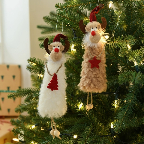 Christmas Reindeer Plush Hanging Ornaments Nordic Reindeer Figurines With Wooden Beads Red Hat For Festive Tree Decor