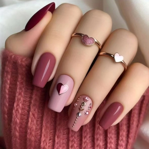 Press On Nails Rosa Herz Sarg Falsche Nägel Mit Strasssteinen Abnehmbare Full Cover Maniküre Elegant Einfache Dekoration