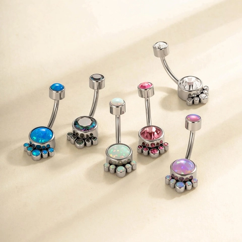 Titanium Internally Threaded Navel Ring With Cubic Zirconia And Synthetic Opal Curved Barbell Body Piercing Jewelry