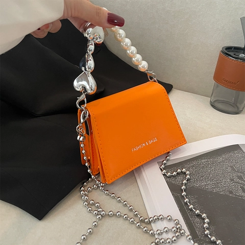 Mini Borsa A Mano Donna Pelle PU Borsa A Tracolla Manico Cuore Perla Artificial Piccola Borsa Quadrata Accessorio Alla Moda