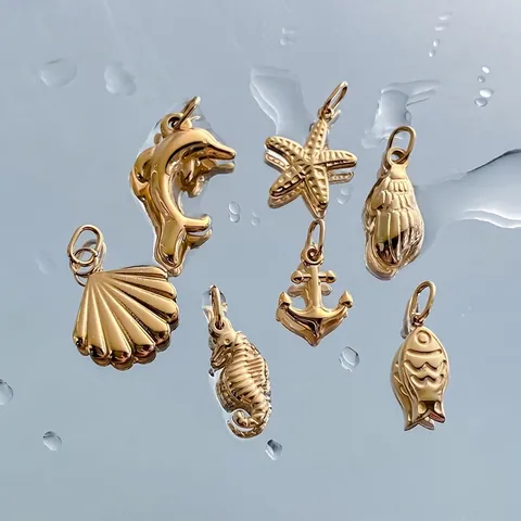 14K Gold Plated Stainless Steel Ocean Series Pendants DIY Jewelry Making Seahorse Dolphin Starfish Anchor Charms For Women