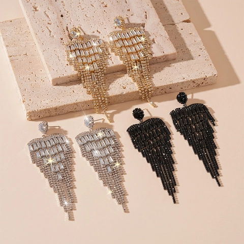 Zircon Long Tassel Drop Earrings Copper With 925 Sterling Silver Earring Post For Women Luxury Wedding Party Geometric