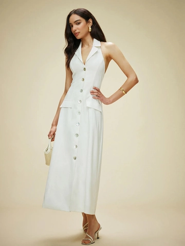 Witte Halter Maxi Jurk Rugloos V Hals Single Breasted Knopen Hoge Split Mouwloos Elegant Polyester Vrouwen Straat