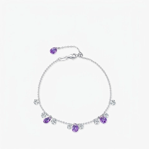 925 Sterling Silver Bracelet With Purple Pear Zircon Waterdrop Pendants Adjustable Bead Chain Elegant Jewelry For Women