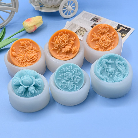 Silicone Mold For DIY Handmade Soap Candle Making 3D Relief Flower Dragon Phoenix Round Pattern Crafting Tool Gift