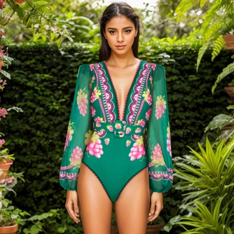 Costume Da Bagno Intero Donna Scollo A V Profondo Manica Lunga Stampa Uva Boho Retro Resort Mare Con Gonna A Portafoglio