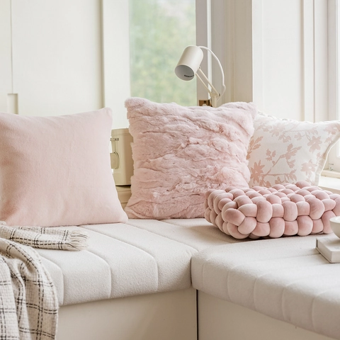 Dekorativer Kissenbezug Weich Kunstpelz Chenille Blumen Jacquard Kissenhülle Für Sofa Wohnzimmer Nordisch Rosa Home Deko