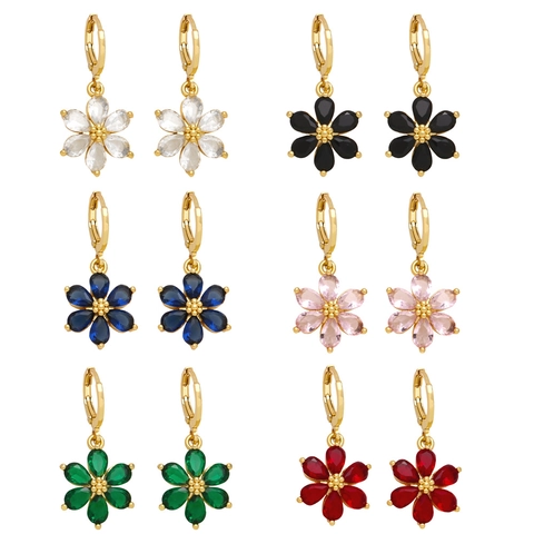 Elegant Flower Drop Earrings With Colorful Cubic Zirconia 18K Gold Plated Copper Huggie Hoop For Women Fashion Jewelry