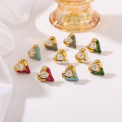 18K Vergulde Roestvrijstalen Hart Oorknopjes Voor Vrouwen Kleurrijke Emaille Strass Ingelegde Niche Sieraden Cadeau