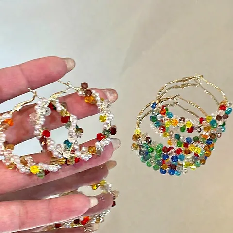 Pendientes De Aro Con Cuentas Coloridas Perlas Artificiales De Imitación Aleación Vidrio Hecho A Mano Estilo Bohemio Poste De Plata