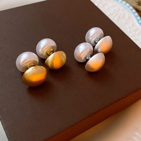 Boucles D'oreilles Künstliche Perles Double Face Avec Hémisphère En Cuivre Mat Et Tige En Argent Sterling 925 Pour Femmes