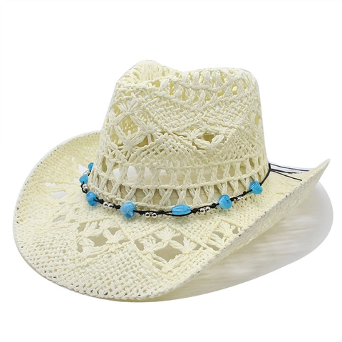 Chapeau De Cow-Boy En Paille Creuse Protection Solaire Plage D'été Bord Large Avec Perles Bleues Style Western