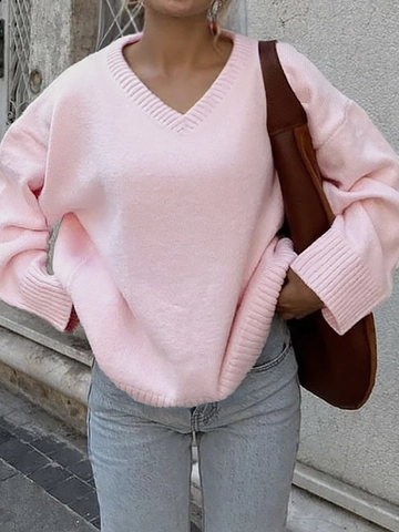 Women Knit Sweater V-Neck Long Sleeve Loose Fit Pullover Casual Acrylic Polyamide Blend Soft Warm Winter Jumper Top