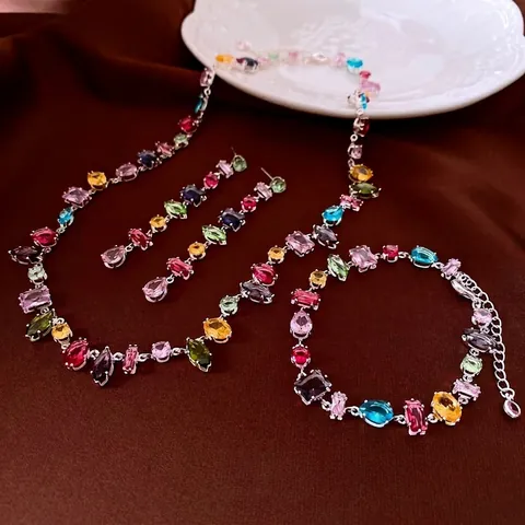 Colorful Zircon Jewelry Necklace Bracelet Earrings With 925 Sterling Silver Earring Post Luxury Fashion For Women