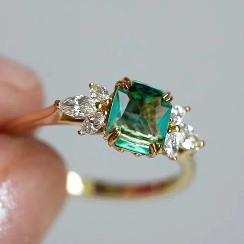 Emerald Cut Green Glass Copper Ring With Marquise Cubic Zirconia Vintage Elegant Jewelry For Women