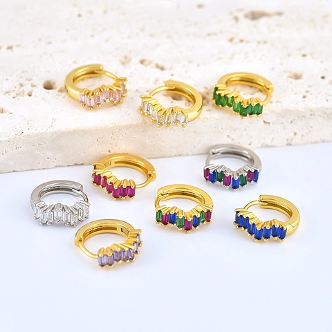 Huggie Hoop Earrings Baguette Cut Zircon Geometric Copper Ear Buckle With 925 Sterling Silver Earring Post For Women