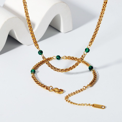 Collana Malachite Naturale Acciaio Inossidabile Placcato Oro Catena Grano Impermeabile Ipoallergenico Gioielli Boho Donna