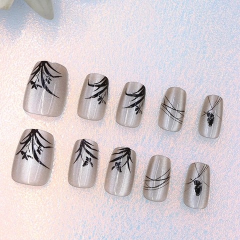 Cat Eye Press On Nails Chinese Ink Wash Style Floral Butterfly Design Glossy Short Square Round Fake Nails For Women