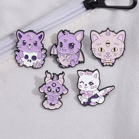 Cartoon Enamel Pin Brooch Purple Cat Skull Bat Goat Shape Alloy Metal Badge For Backpack Clothes Gothic Pastel Goth Jewelry
