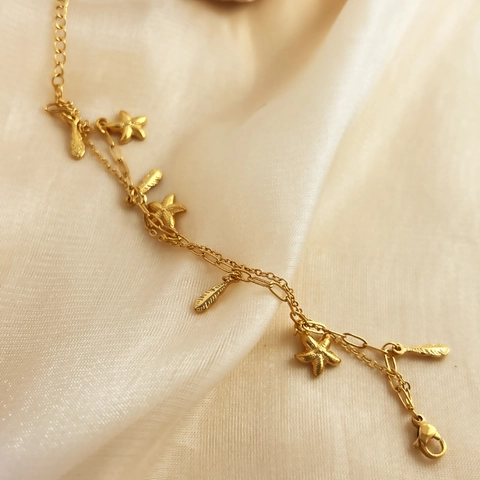 Seestern Feder Doppelreihiges Armband Edelstahl 18K Vergoldet Ozean Strand Stil Schmuck Für Damen Nicht Anlaufend