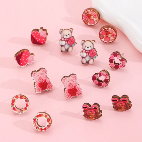 Romantic Acrylic Wood Earrings For Women Heart Bear Rabbit Strawberry Gnome Flower Drop Stud Jewelry With Steel Earring Post