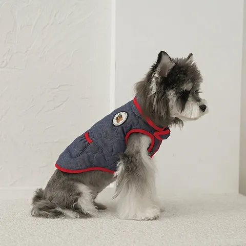 Gilet Trapuntato In Denim Per Cani Colletto Bambola Giacca Invernale Calda Stile Britannico Papillon Vestiti Cucciolo Blu