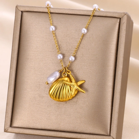 Collar De Acero Inoxidable Con Tema Marino Chapado En Oro Colgantes De Concha Estrella De Mar Perla Artificial Joyas De Verano