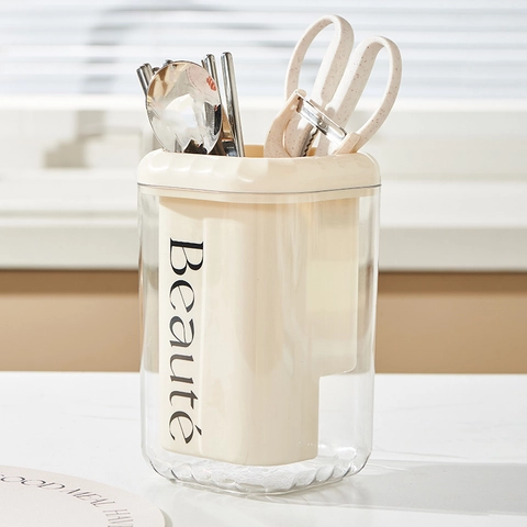 Porte Couverts Style Crème Tube À Baguettes Organisateur De Cuisine Égouttable Plastique Double Couche Pour Cuillères Fourchettes Couteaux
