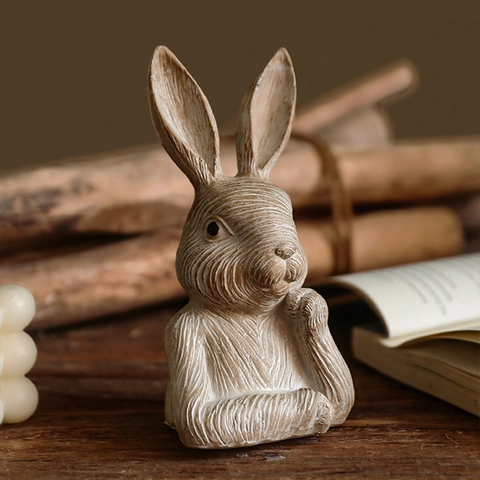 Retro Resin Rabbit Figurine Wood Cut Texture Ornaments Rustic Pastoral Animal Statues For Home Garden Patio Decor