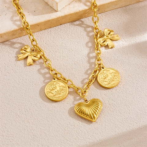Collana Vintage In Acciaio Inossidabile Placcato Oro Con Pendenti A Cuore Fiocco E Moneta Gioielli Per Donna