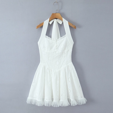 Weißes Halterneck Minikleid Mit Lochstickerei Rückenfrei Rüschensaum Sexy Ärmellos A-Linie Sommerkleid Für Damen