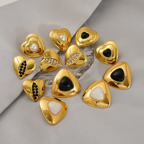 Heart Triangle Stud Earrings Stainless Steel 18K Gold Plated Resin Rhinestone Elegant Vintage Style For Women