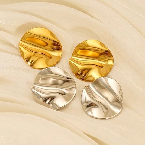 Round Irregular Wrinkled Stud Earrings 18K Gold Plated 304 Stainless Steel Wavy Texture Modern Fashion Jewelry For Women