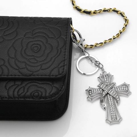 Portachiavi Croce In Lega Con Strass Ciondolo Per Borsa Moda Brillante Fascino Religioso Donne Anello Auto