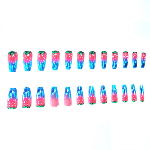Lange Coffin Press On Nagels Aardbeienpatroon Neon Blauwe Vlam Ontwerp Kunstnagels Voor Dames DIY Manicure