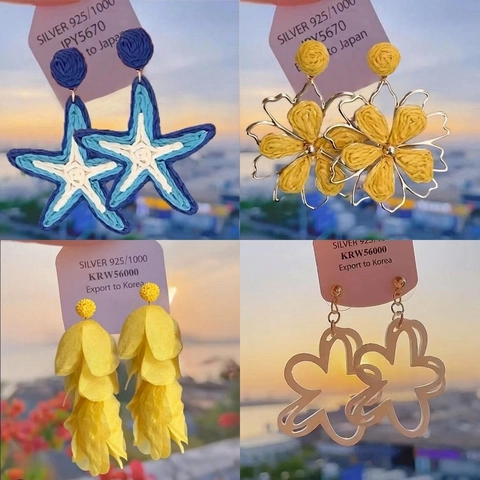 Bohemian Woven Flower Starfish Drop Earrings With 925 Sterling Silver Earring Post Handmade Colorful Vacation Style