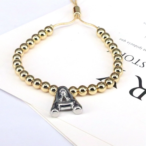 Initial Charm Bracelet 18K Gold Plated Brass Beaded With Silver Balloon Letter Pendant Adjustable Fashion Jewelry For Women